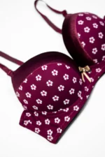 Maroon Flower Print Push-Up Bra with Adjustable Straps - Image 3