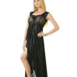 Black Satin Long Nighty with Lace Bust & Side Slit
