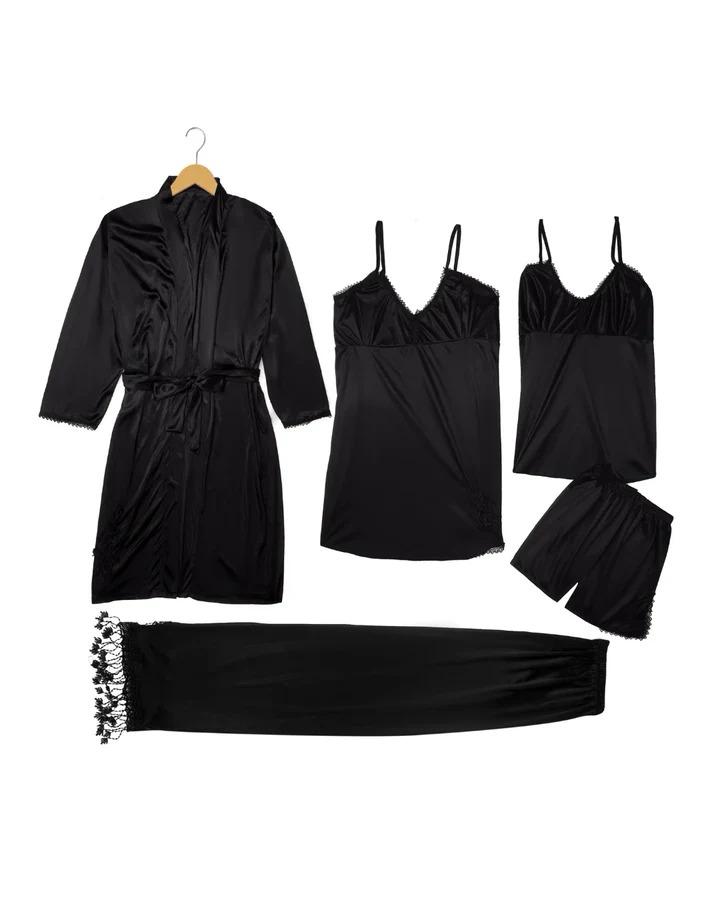 WhatsApp Image 2026-06-20 at 12.39.22 PM Black 5-Piece Satin Nightwear Set - Image 1
